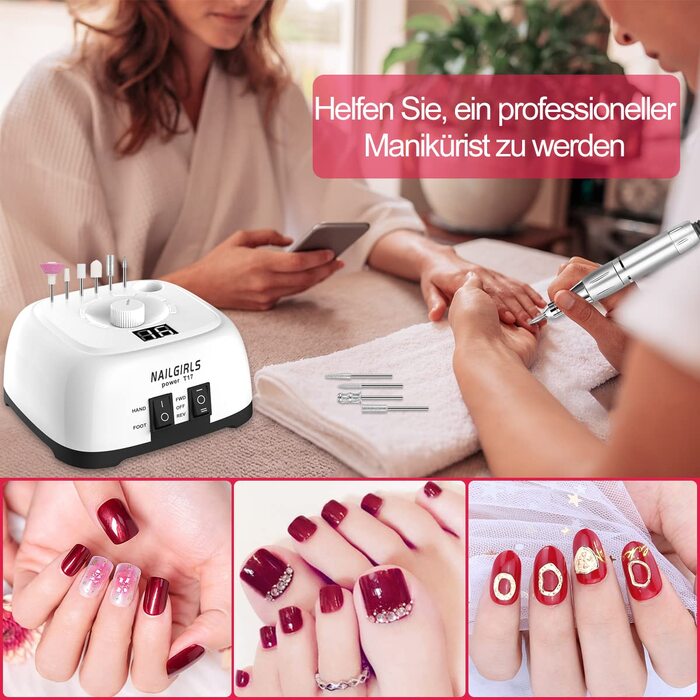 Електричний апарат для манікюру та педикюру NAILGIRLS 11 в 1, 35000 об/хв, з LCD-дисплеєм та педаллю, професійний набір для нарощених нігтів та гель-лаку (Білий)