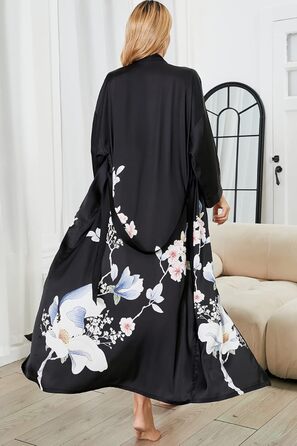 Жіночий шовковий халат-кімоно Moreone з квітковим принтом, довгий, атласний, для нареченої та дружок, нічна сорочка (Чорний, 6)