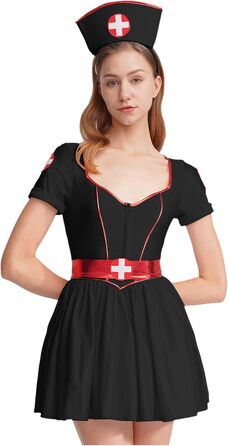 Костюм медсестри Eandarui: комплект форми лікаря/медсестри з короткими рукавами, сукня з V-подібним вирізом та спідницею А-силуету, з поясом та пов'язкою, чорний