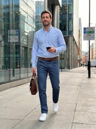 Чоловічі джинси Runcati Slim Fit з бавовни та стрейч, однотонні сині штани для повсякденного та ділового стилю, 34W / 32L