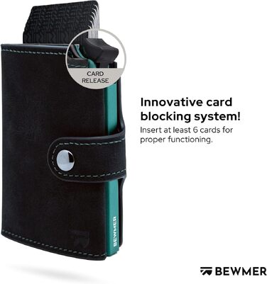 Слім-гаманець BEWMER v2 з монетницею та RFID-захистом для чоловіків та жінок, картхолдер з антиклонінгом на 9 карток та відділенням для купюр (Чорний-бірюзовий)