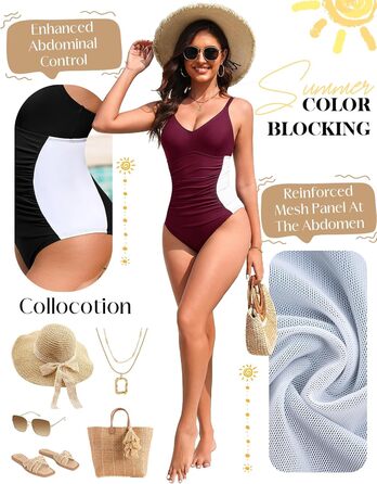 Світшот для жінок Badeanzug: фігуроформуючий купальник з V-подібним вирізом, посилені бретельки, бокові шнурівки (пурпурно-червоний, L)