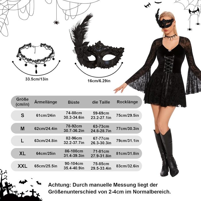 Сукня готична для жінок Herenear, мереживна чорна сукня - з масками та намистом, костюм на Хелловін/Карнавал, ретро середньовічна сукня вампіра, костюм для косплею, коротка чорна сукня XL