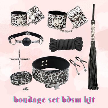 Набір для БДСМ з шкіри Leopard Print (8 предметів): наручники, плети, мотузки, нашийник, кліпси для сосків