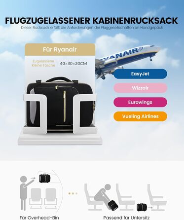 Дорожній рюкзак LOVEVOOK для ручної поклажі Ryanair/Wizz Air 40x30x20 см, сумка в літак для ноутбука 13.3 дюйма, чорно-сірий