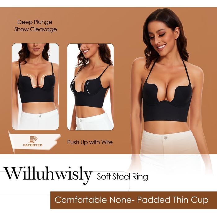 Жіночий бюстгальтер Willuhwisly без спинки, з регульованими положеннями, глибокий виріз, безшовний, трансформуючий, чорний (85C)
