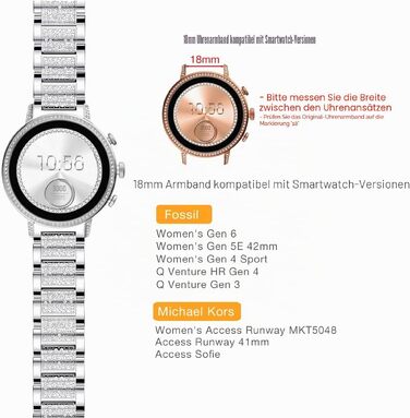 Металевий ремінець Abanen для годинників Fossil Gen 6 (жіночий) та Gen 5 (42 мм), 18 мм, сріблястий, з кристалами та швидким замком для Fossil Q Venture 3/4