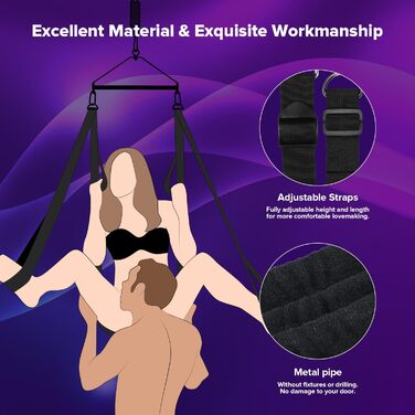 Гойдалка для дорослих 360° для пар: BDSM комплект для секс-ігор, ремені фіксації, чорний колір