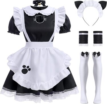Костюм для косплею: сукня горничної, аніме, чорний, з вушками та рукавичками (5XL)