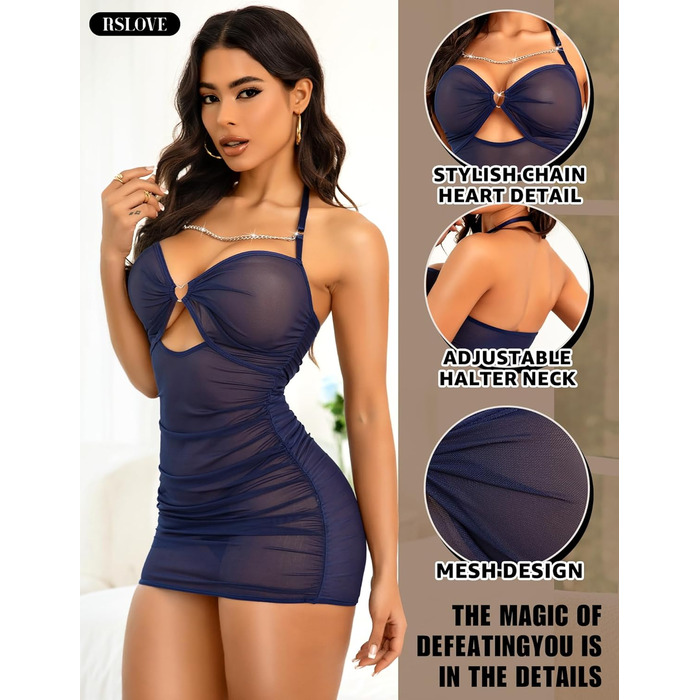 RLOVE Ніжна піжама-комбінезон для жінок - Babydoll, прозора мереживна білизна, нічне вбрання, чорний (L, Морська синя)