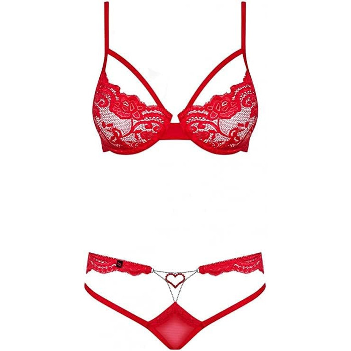 Сексуальний жіночий комплект білизни Selente Love & Fun: бюстгальтер, пояс-стрінг, танга та шовкова маска для очей (L-XL, червоний, мереживо, блискітки, Made in EU)