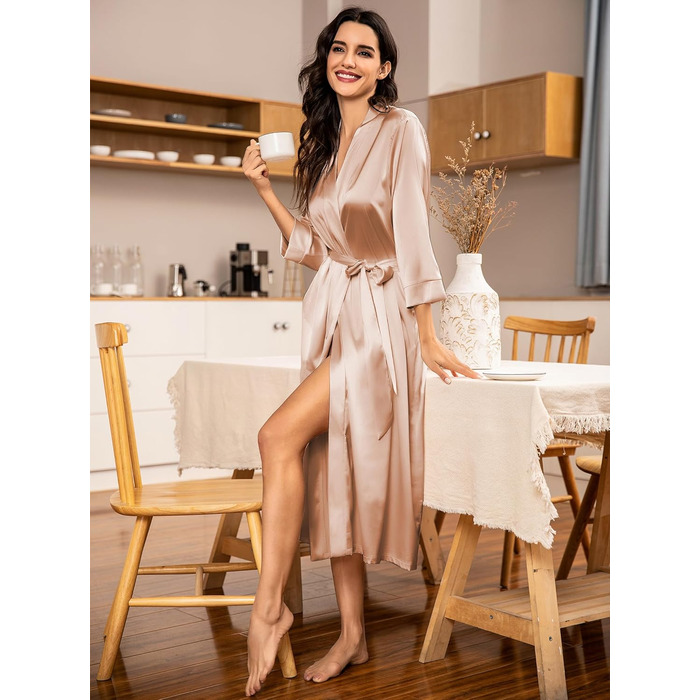 Халат жіночий атласний Ecouaer, легкий, довгий, з кишенями, S-XXL, колір шампань
