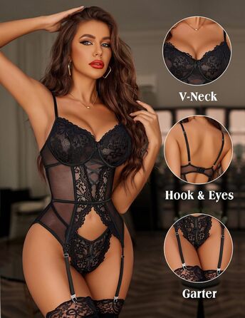 Avidlove Комплект нижньої білизни для жінок: мереживний боді, корсет, babydoll, чорний. Сексуальна спідня білизна, тіло, бюстгальтер та труси.