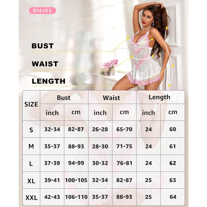 Babydoll RSLOVE для жінок: мереживний комплект сексуальної ніжної піжами (XXL, білий рожевий)