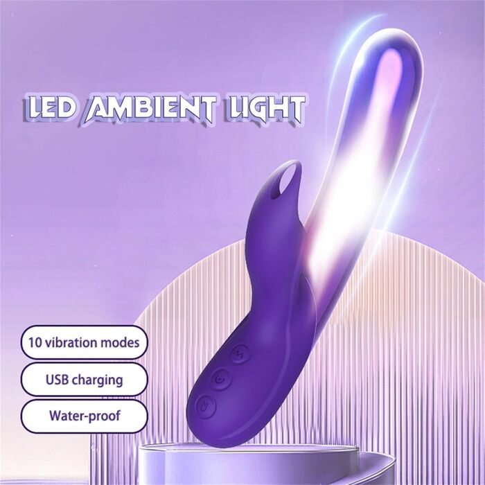 Вібратор Rabbit Silikon Dildo з 10 режимами вібрації, LED-підсвічуванням для стимуляції клітора та G-точки, для жінок, фіолетовий