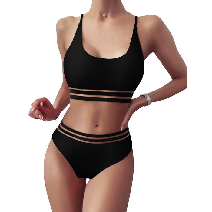 Спортивний двочастинний купальник-бікіні з сіткою для жінок. Push-up, висока талія, чорний.