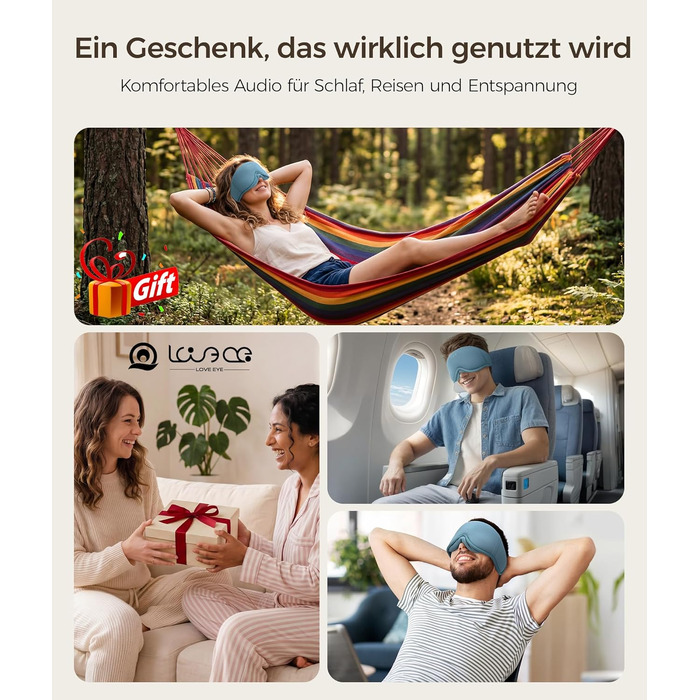 Bluetooth маска для сну LOVE EYE для тих, хто спить на боці, з ультратонкими навушниками, дихаюча бавовняна тканина, синя