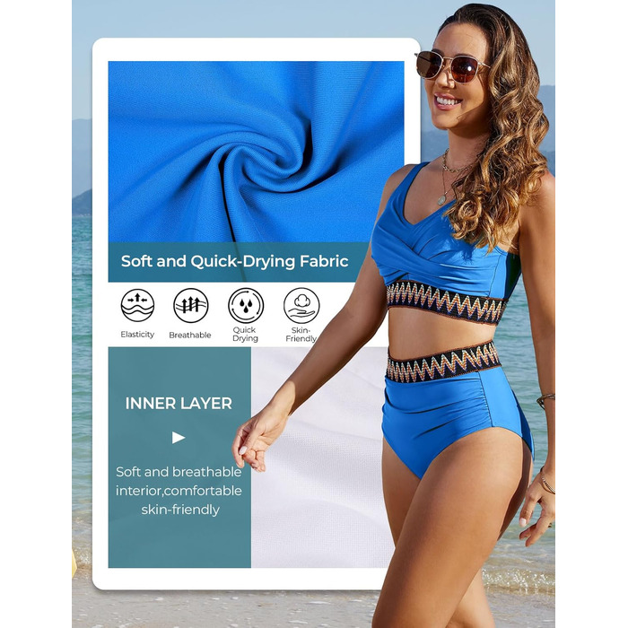 БІКІНІ Дамський Набір з Високою Талією, Бандо, Роздільний, Сексуальний V-Подібний Виріз, Пуш-Ап, Кольоровий Полосатий, Пляжний, Великі Розміри (Темно-синій, XL)