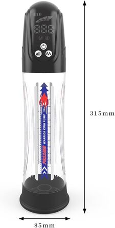 Електрична вакуумна помпа для збільшення статевого члена з акумулятором, LCD дисплеєм та USB-зарядкою - 20см Ø7см - для чоловіків, підтримка ерекції, тренування потенції