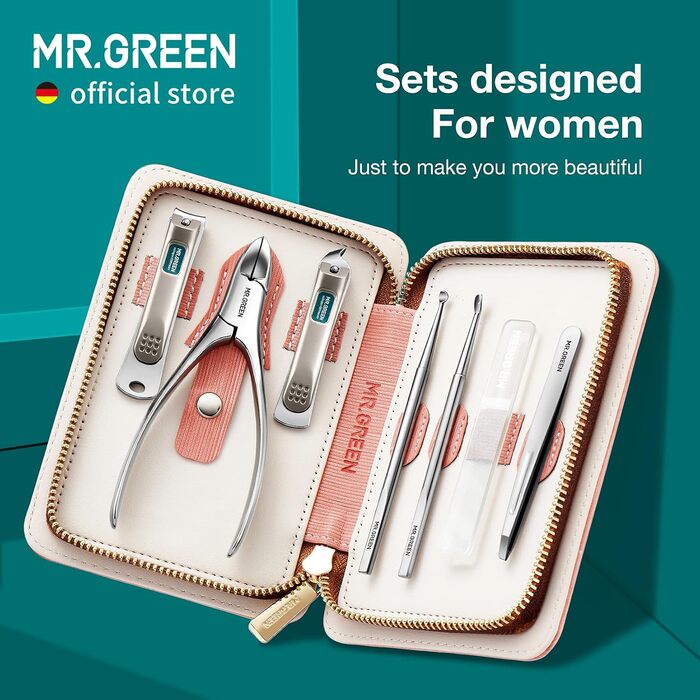 Професійний набір для манікюру та педикюру MR.GREEN 7 в 1, інструменти з нержавіючої сталі в шкіряному чохлі (PU), колір 2