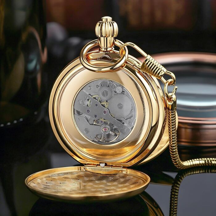 Скелетон годинник кишеньковий Tiong Vintage Steampunk з ланцюжком, механічний золотистий годинник з римськими цифрами в подарунковій коробці