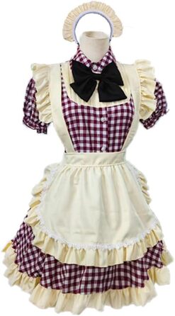 Сукня Лоліта в клітинку TTYAO REII з нагрудником, Короткий рукав, Костюм для косплею, Сукня для Хелловін, XXL, Темно-червоний, Бежевий