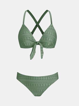 CUPSHE Bikini Set Daen: Роздільний купальник з V-подібним вирізом та зав'язками спереду, низька посадка, крос-бек, темно-зелений візерунок (M, світло-зелений, текстурований)
