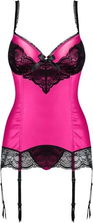 Obsessive Комплект спідньої білизни: стрінги та бюстгальтер без бретелек з глибоким вирізом, червоний, з мережива, прозорий, з бантиками, S-M, фуксія