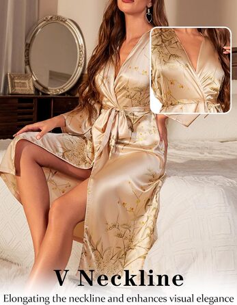 Жіночий халат FEOYA з шовковистого атласу, легкий, довгий, з V-подібним вирізом, жовтий. Ідеальний для вечірки, весілля, дому та сну.
