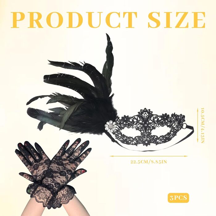 Маска та рукавички для жінок, венеціанський карнавал, чорний колір, для маскараду та костюмованих вечірок