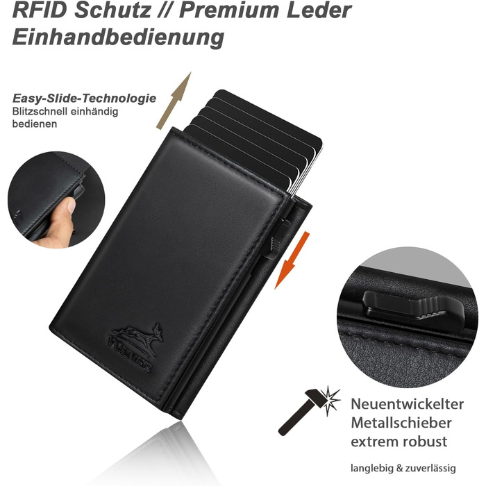 Шкіряний картхолдер Fa.Volmer POP-UP з монетницею та RFID захистом для чоловіків та жінок, чорний