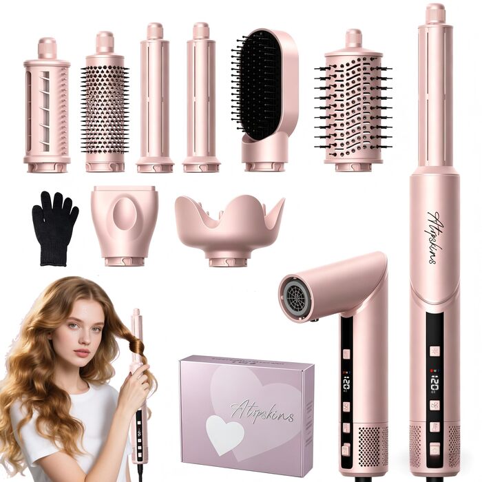 Набір стайлер для волосся 7 в 1 Atopskins Airstyler Pro: фен з дифузором, круглі щітки, випрямляч та плойка для beach waves, Creamrosa