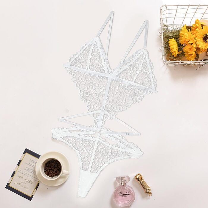 Піжамний комплект для жінок: короткий штанний халат з штангами, сексуальна спідня білизна, комплект спідньої білизни з бюстгальтером push-up та стрингами (20240305cmhqq542weißj, S)