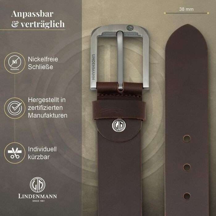 Шкіряний ремінь чоловічий LINDENMANN, коричневий, натуральна шкіра (Full Grain), ширина 33 мм, довжина 130 см (розмір XXL), для джинсів та повсякденного стилю