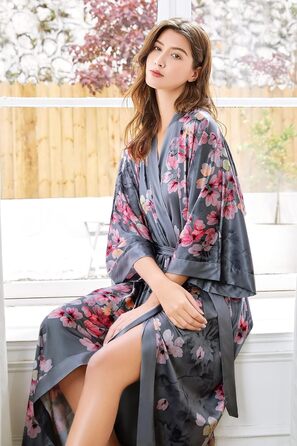 Халат жіночий довгий з атласу, квітковий принт, Babeyond. Ідеальний для дому, відпочинку, вечірок. Розмір універсальний, сірий колір.