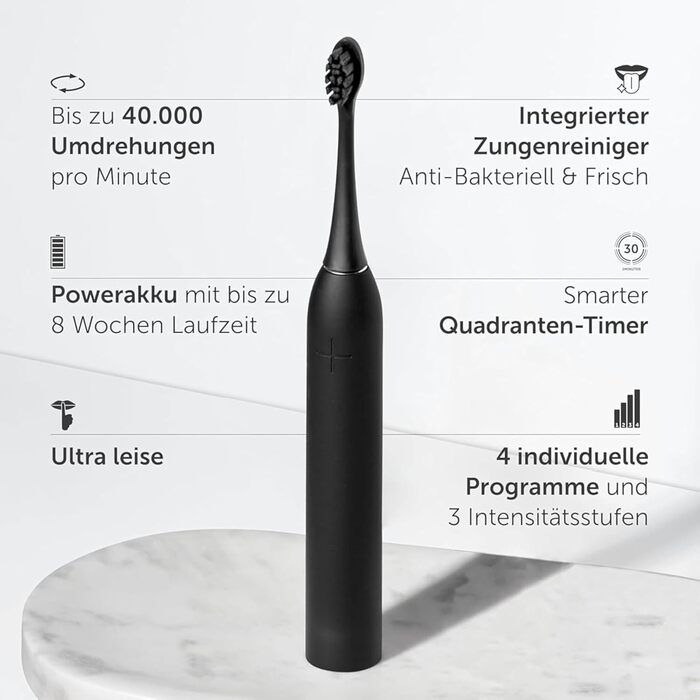Електрична зубна щітка WonderSmile Schallzahnbürste Pro IPX8, 4 режими роботи, з зарядною станцією та смарт-насадкою, Ultimate Black