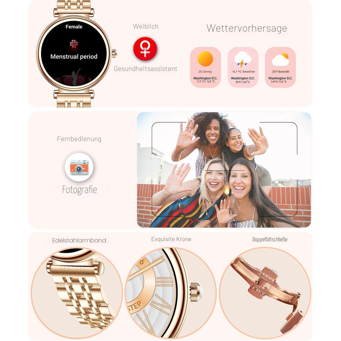 Смарт-годинник для жінок Rose Gold: водонепроникний фітнес-трекер з кольоровим екраном 1.27
