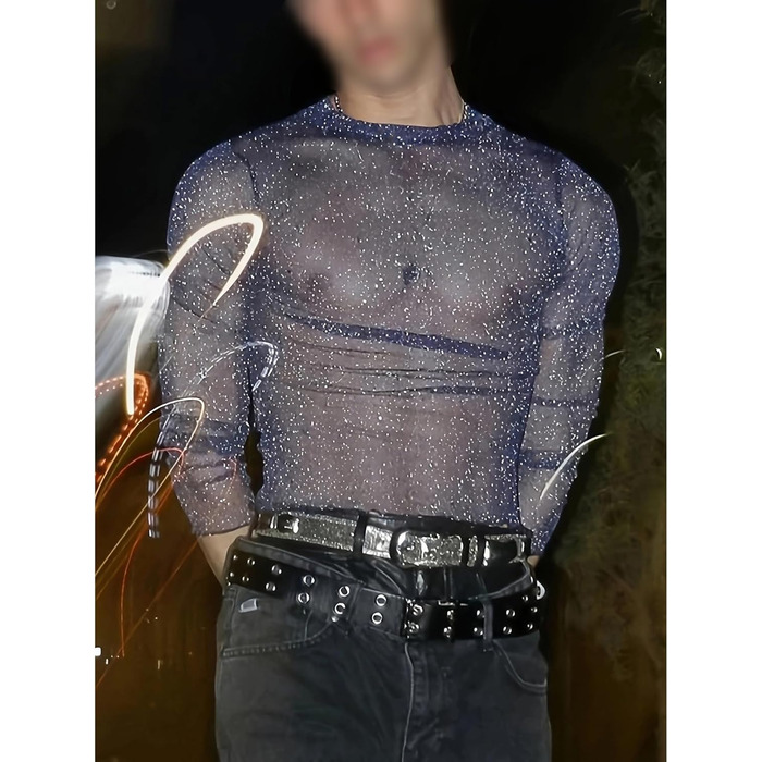 Футболка з довгим рукавом з блискітками для чоловіків, мереживна, прозора сітка, XL, фіолетовий