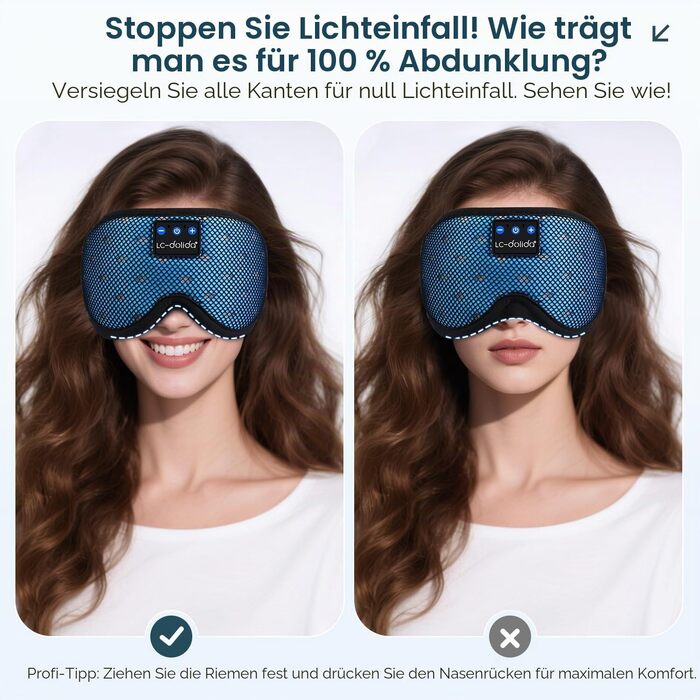 Bluetooth маска для сну з навушниками LC-dolida, повна світлоізоляція (Blackout), м'яка тканина, колір: світло-блакитний