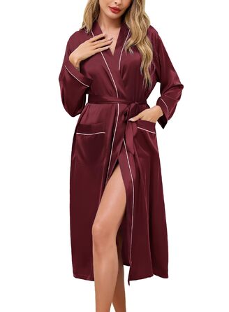 Жіночий атласний халат довгий, баня халат, кімоно, легкий, весільний, м'який, для вечірки, нічна сорочка, V-подібний виріз, S-X (XL, пурпурно-червоний)