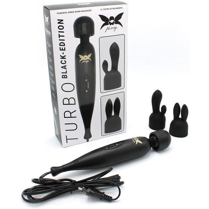 Вібратор Pixey Wand Turbo All-in-One - потужний, з регулюванням швидкості, з мережевим кабелем та 2 насадками (Black Edition, чорний)