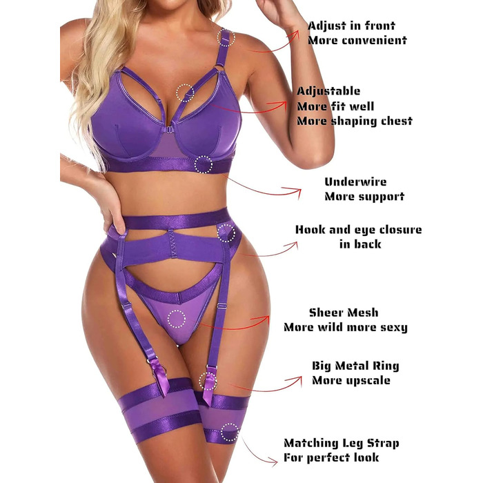 Комплект жіночої білизни Aranmei: готичний сет з корсетним поясом, бюстгальтер, трусики, з вирізами (L, фіолетовий)