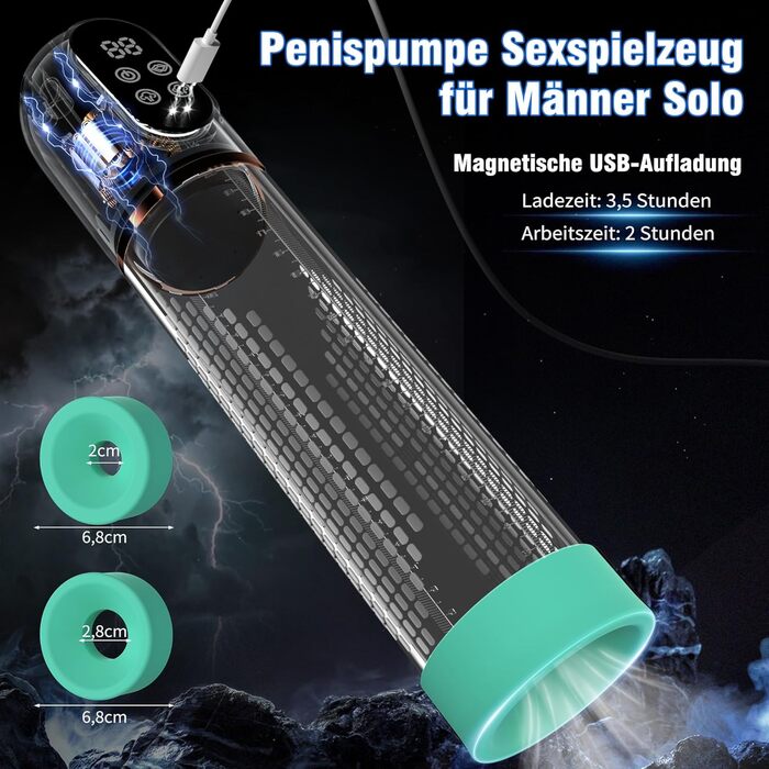 Пумпа для збільшення пеніса HIVEFUN: 4 режими всмоктування, 3 автоматичні тренувальні, водонепроникна (IPX7), сірий/зелений