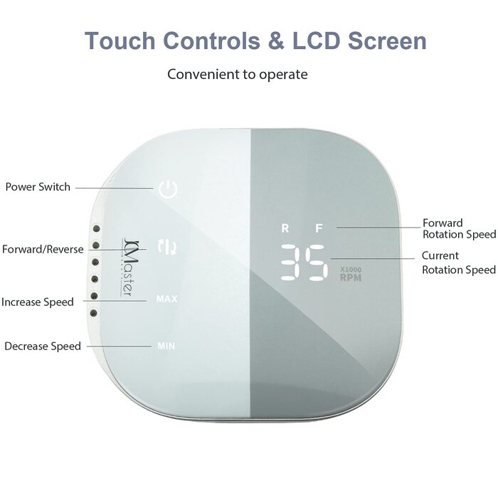 Професійний електричний апарат для манікюру та педикюру JCMaster TouchPro+ 35000 об/хв, набір для моделювання гелевих та акрилових нігтів з 4 фрезами та сенсорним керуванням