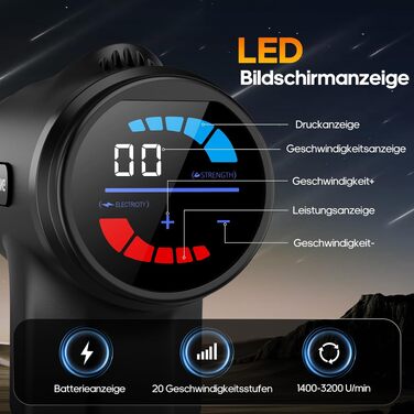 Перкусійний масажер AERLANG з функцією підігріву, масажна пістолет з LED-дисплеєм, 20 рівнів інтенсивності та 7 насадками, чорний