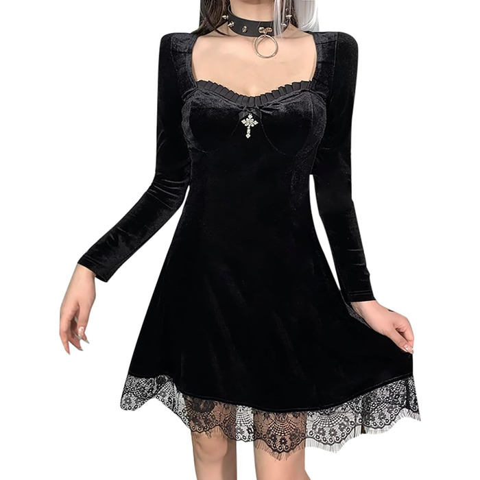Чорне вечірнє сукня-ліхтарик з вирізками, міді, готичний стиль, сукня з довгим рукавом, розмір XXL