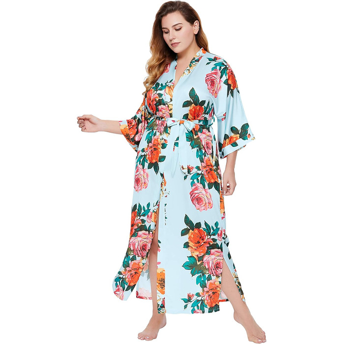 Кимоно-халат BABEYOND великого розміру з квітковим принтом, сатин, блакитний