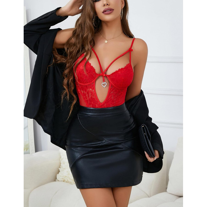 Комплект жіночої білизни Aranmei: боді з мереживом, стрінги та колготки (Червоний, L)