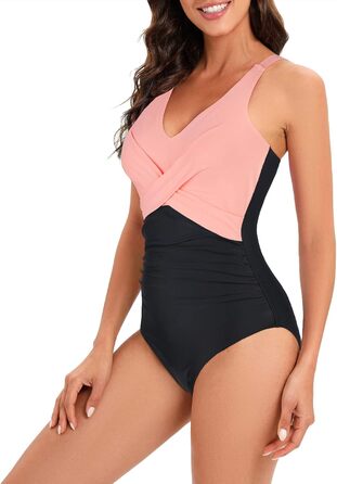 Спортивний купальник для жінок, суцільний, з Push-Up, для корекції живота, рожево-чорний (44)