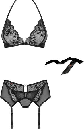 Сексуальний жіночий комплект нижньої білизни Selente Love & Fun: бюстгальтер, трусики та шовкова маска для очей, чорний мереживний халтер (S-M), Made in EU